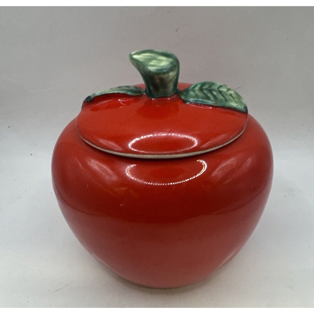 Vintage Ceramic Apple Cookie Jar Canister Red Green Leaf  Country Kitchen Decor